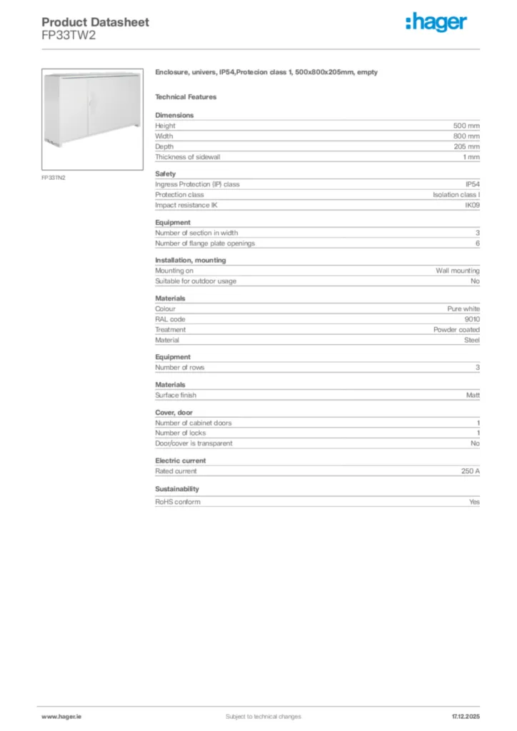 Image Hager Product data sheet FP33TW2  | Hager