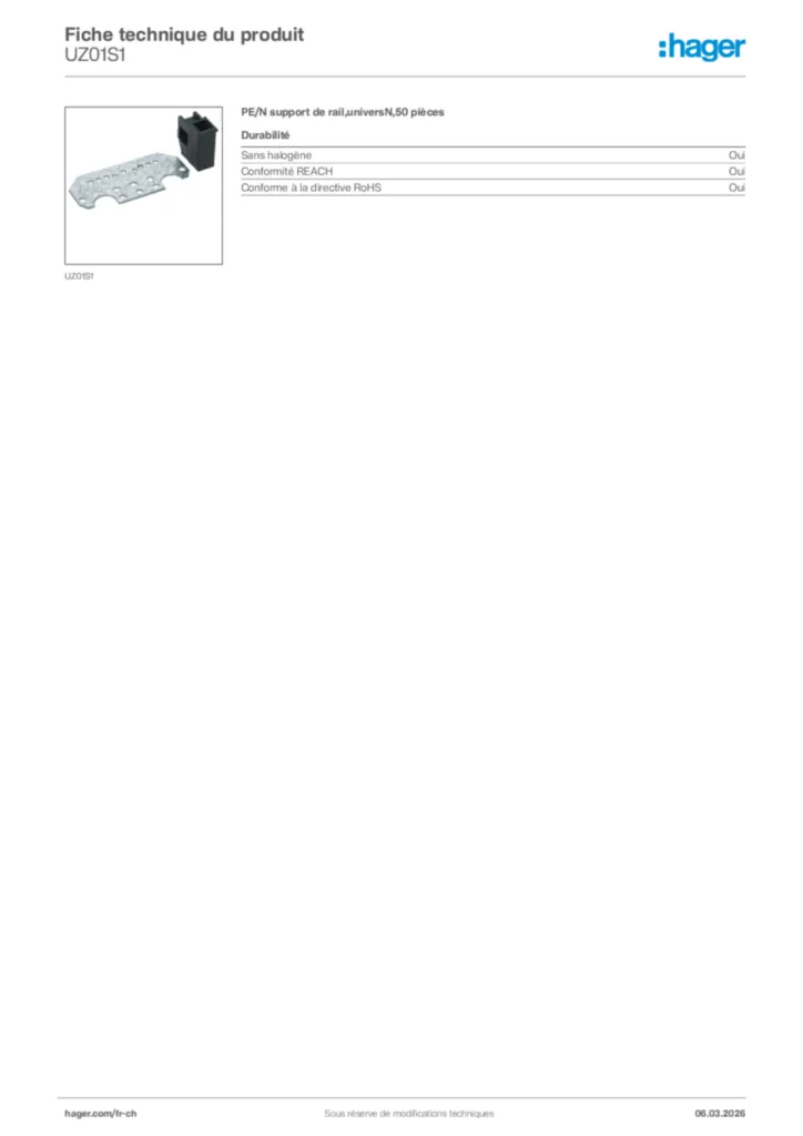Image Hager Fiche technique du produit UZ01S1 | Hager Suisse