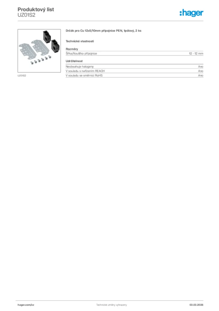 Obrázek Hager Product data sheet UZ01S2 | Hager