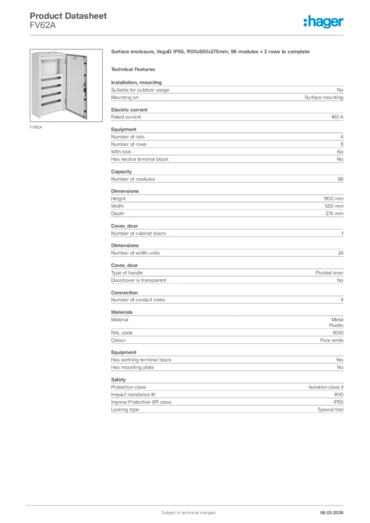Image Hager Product data sheet FV62A  | Hager Africa