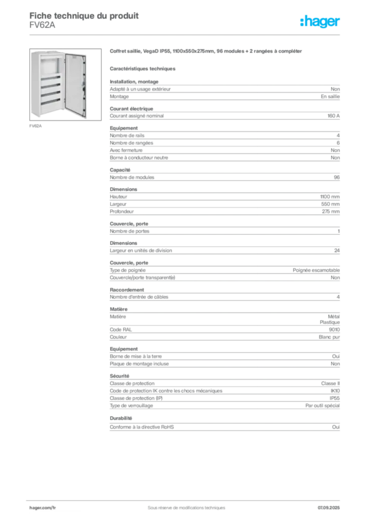 Image Hager Fiche technique du produit FV62A | Hager France