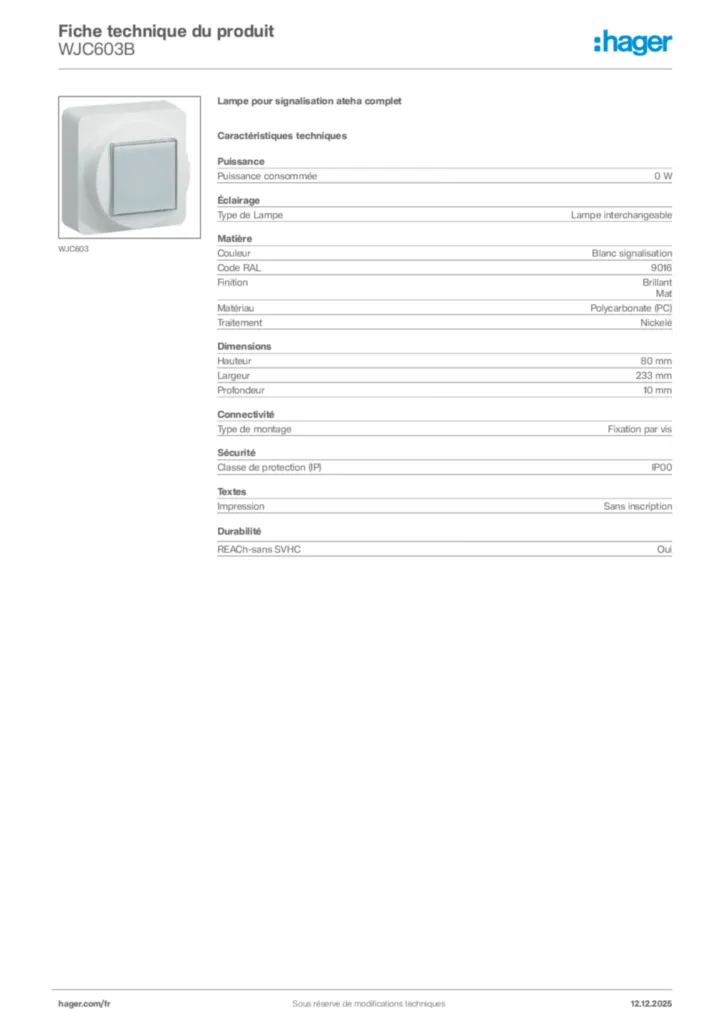 Image Hager Fiche technique du produit WJC603B | Hager France