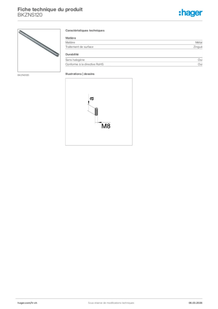 Image Hager Fiche technique du produit BKZNS120 | Hager Suisse