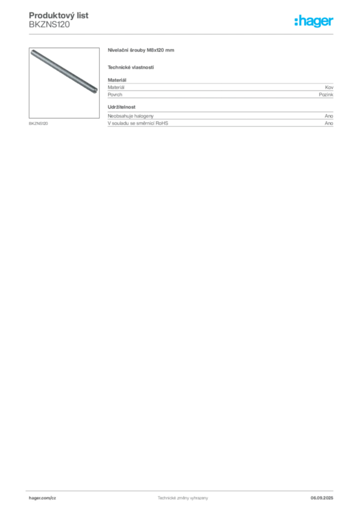 Obrázek Hager Produktový list BKZNS120 | Hager