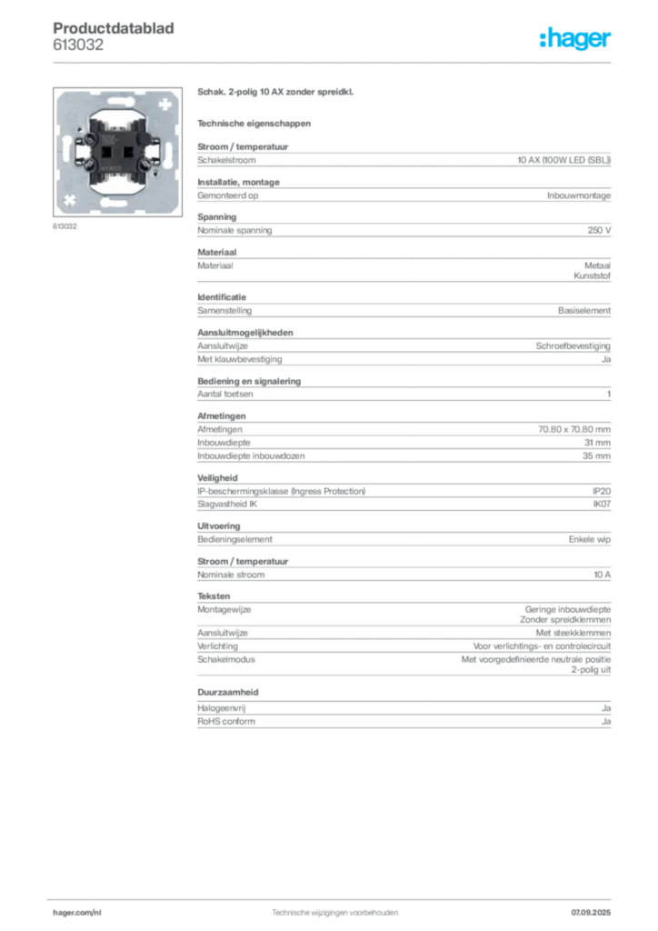 Afbeelding Hager Productdatablad 613032 | Hager Nederland