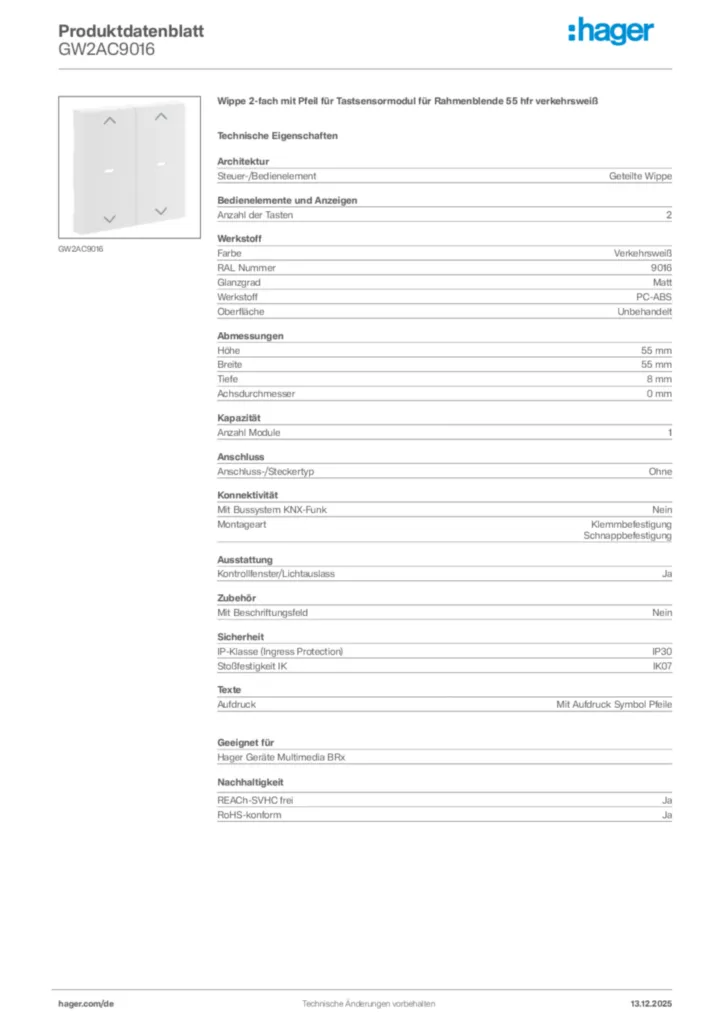 Hager Produktdatenblatt GW2AC9016