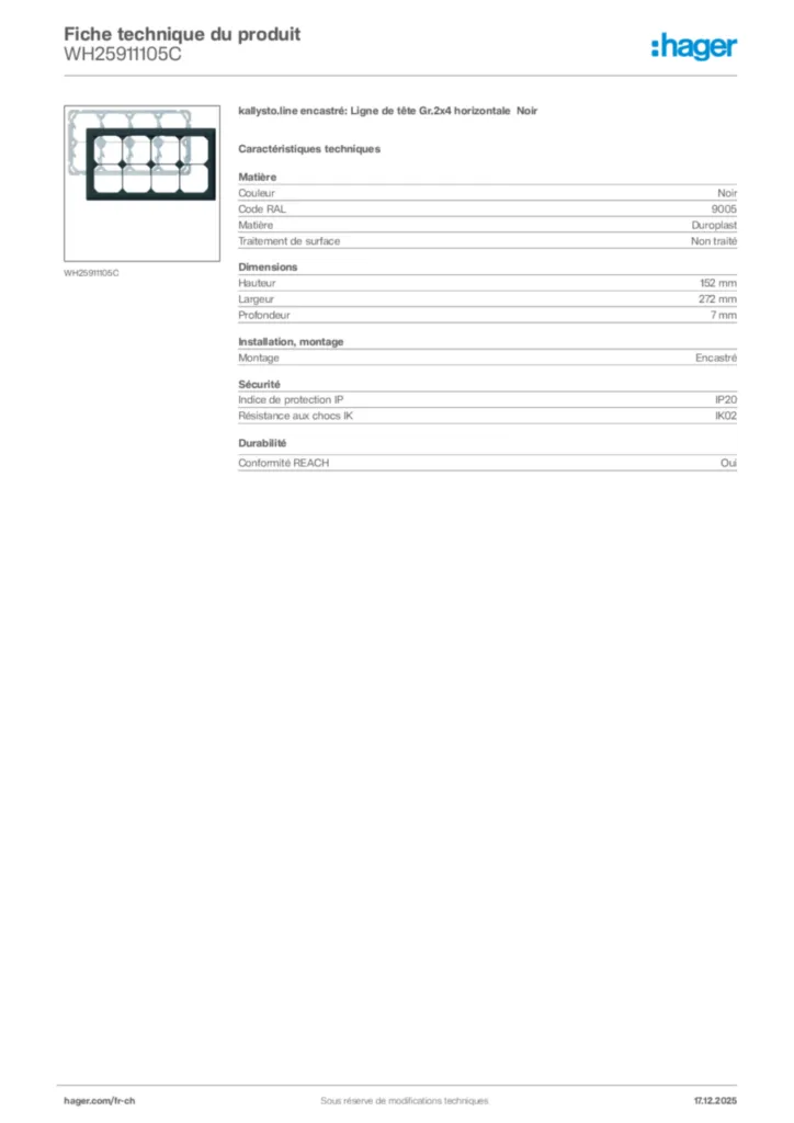 Image Hager Fiche technique du produit WH25911105C | Hager Suisse