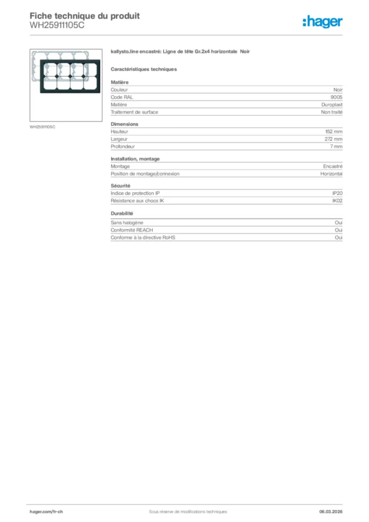 Image Hager Fiche technique du produit WH25911105C | Hager Suisse