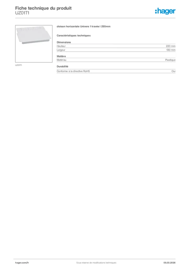 Image Hager Fiche technique du produit UZ01T1 | Hager France