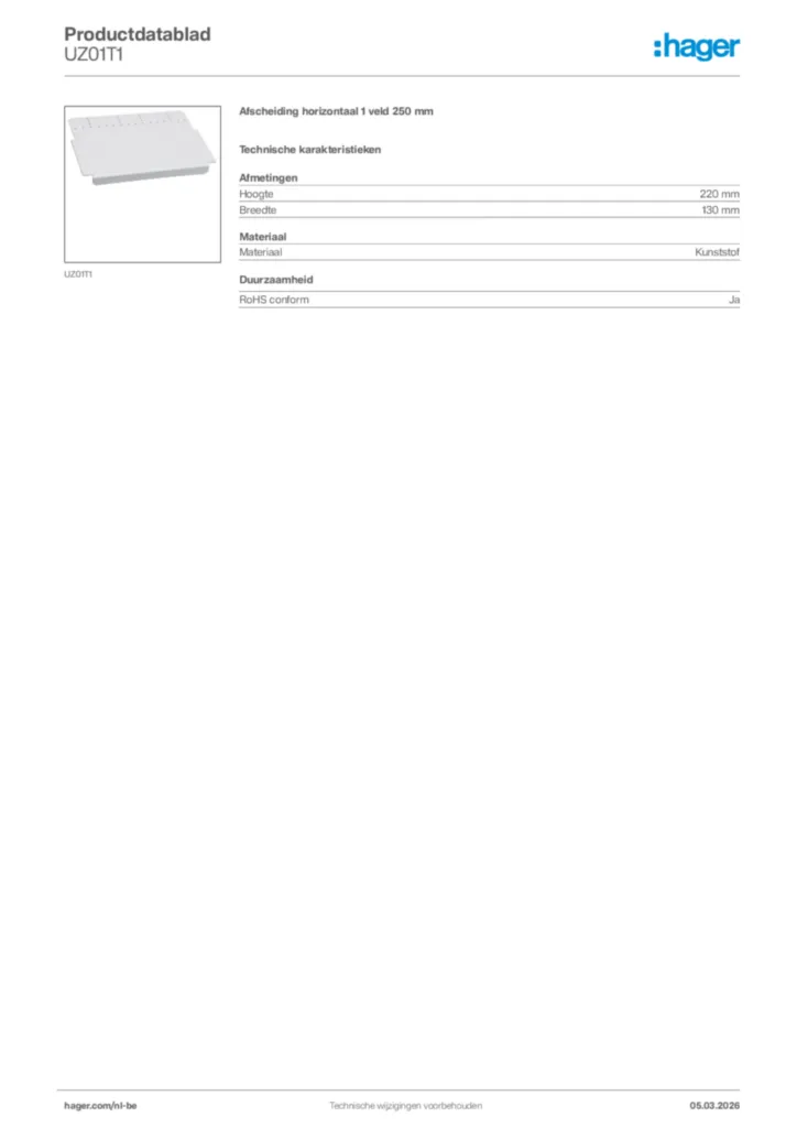 Afbeelding Hager Productdatablad UZ01T1 | Hager Belgium