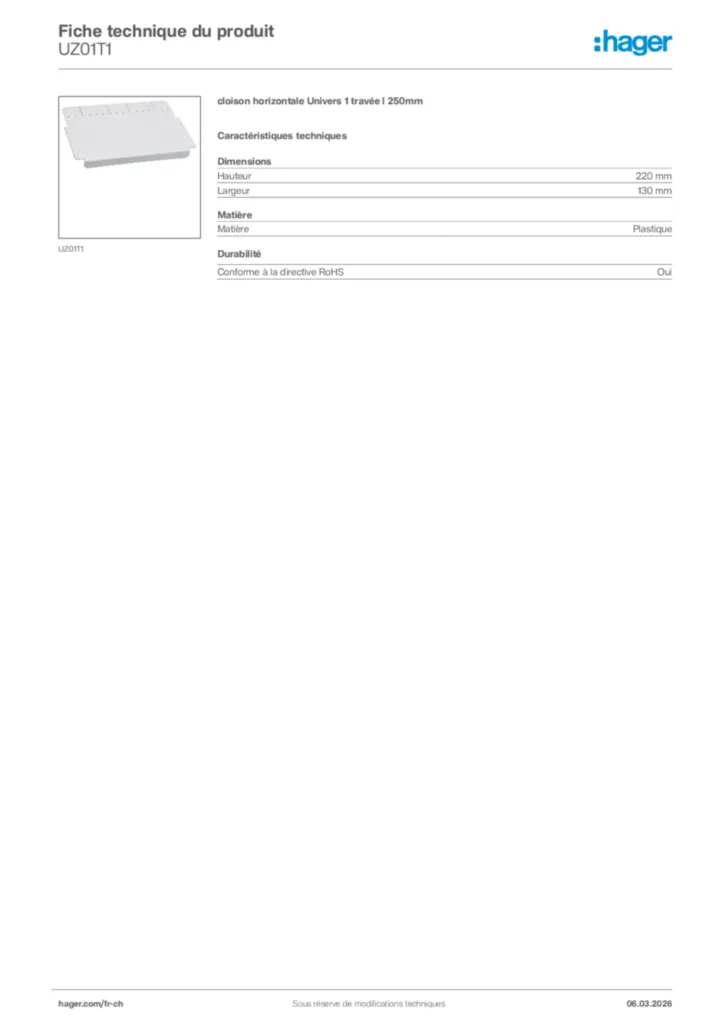 Image Hager Fiche technique du produit UZ01T1 | Hager Suisse