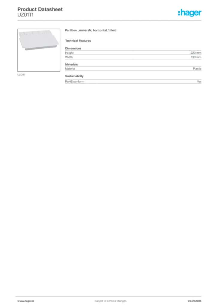 Image Hager Product data sheet UZ01T1  | Hager