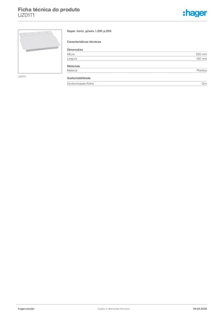 Imagem Hager Ficha técnica do produto UZ01T1 | Hager Portugal