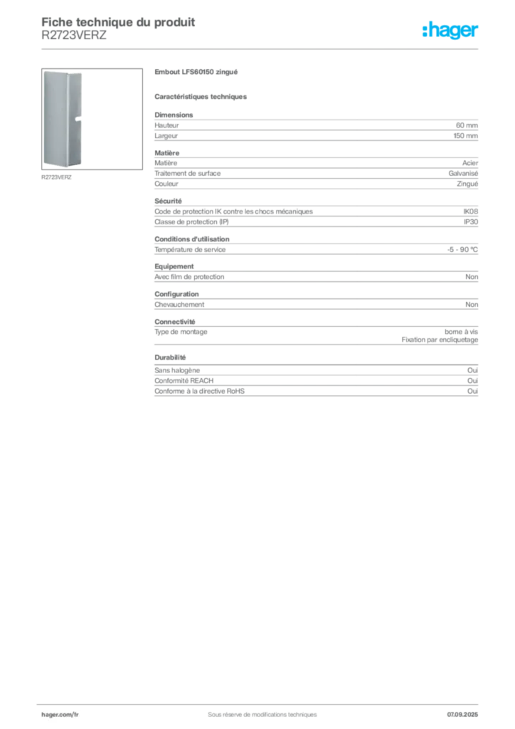Image Hager Fiche technique du produit R2723VERZ | Hager France