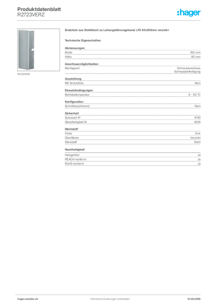 Bild Hager Produktdatenblatt R2723VERZ | Hager Schweiz