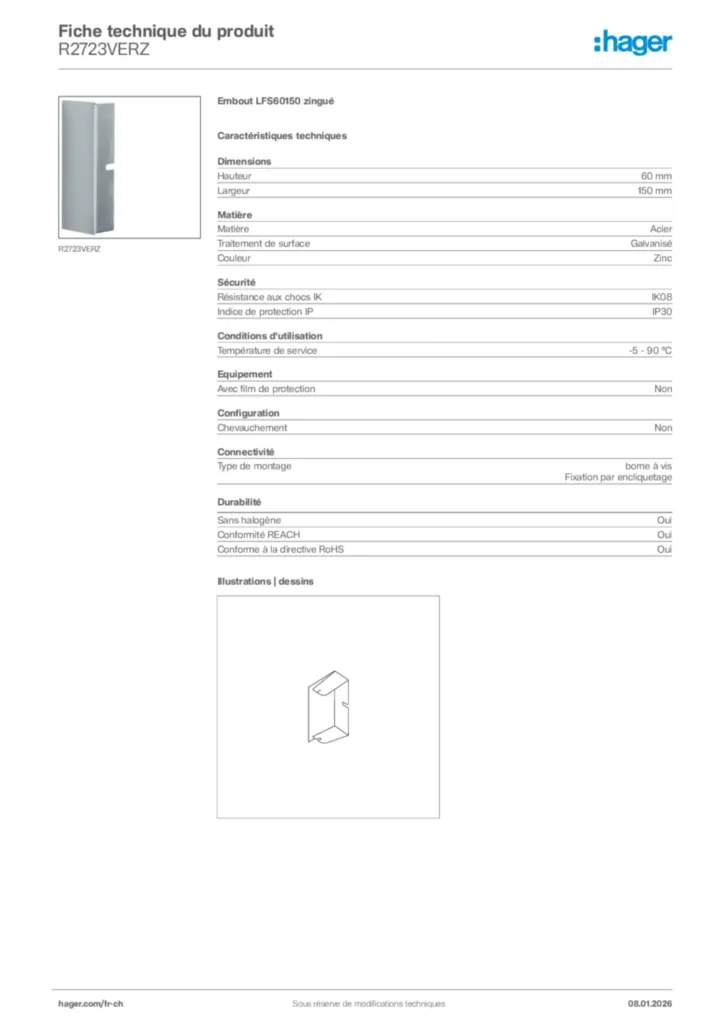 Image Hager Fiche technique du produit R2723VERZ | Hager Suisse