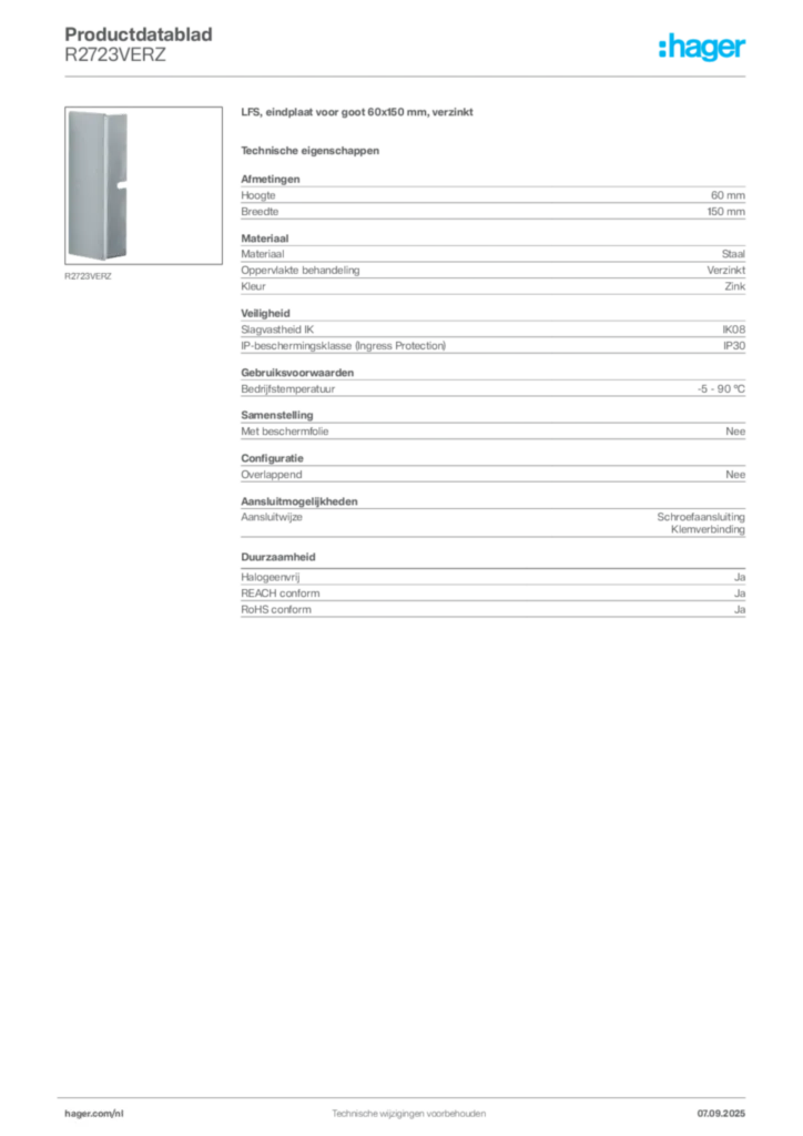 Afbeelding Hager Productdatablad R2723VERZ | Hager Nederland