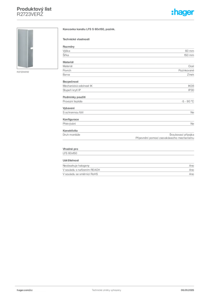 Obrázek Hager Produktový list R2723VERZ | Hager