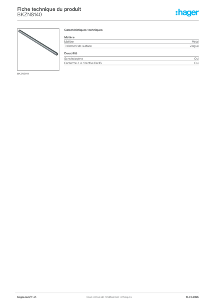 Image Hager Fiche technique du produit BKZNS140 | Hager Suisse