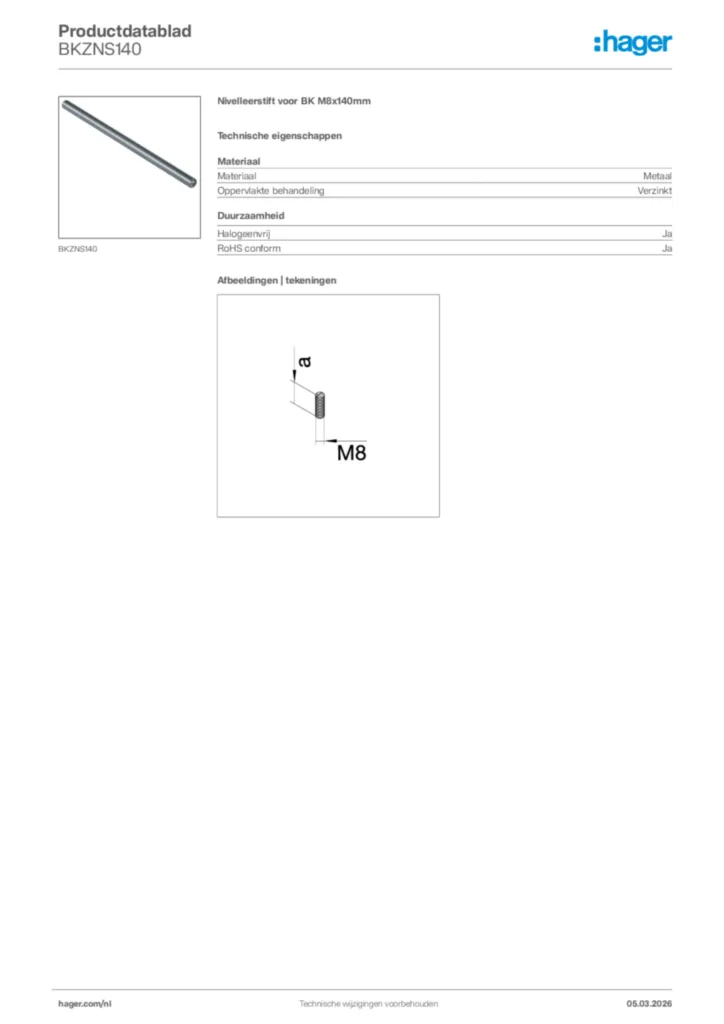 Afbeelding Hager Productdatablad BKZNS140 | Hager Nederland