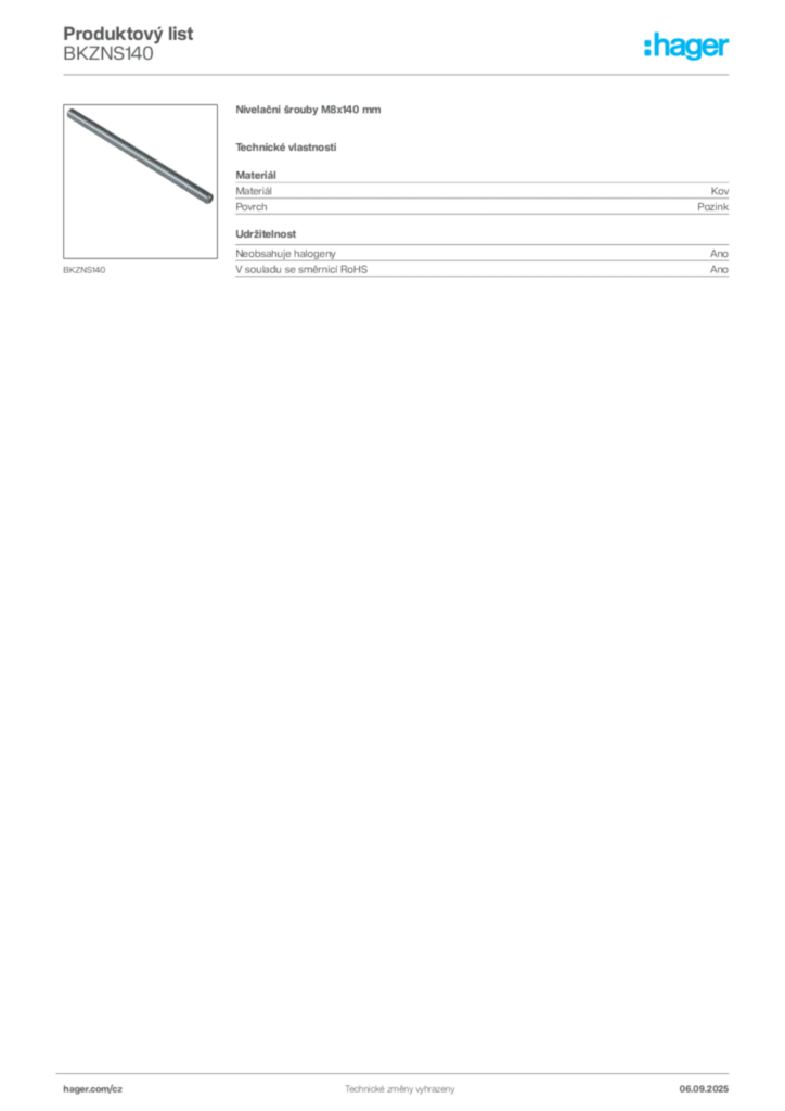 Obrázek Hager Produktový list BKZNS140 | Hager