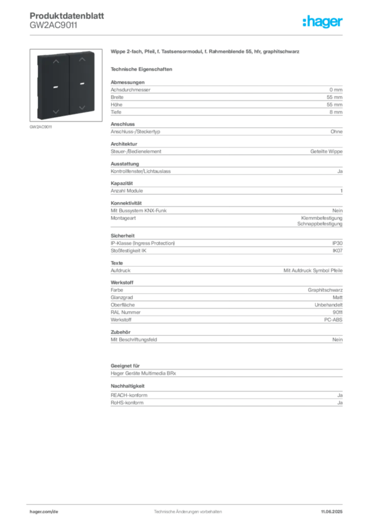 Hager Produktdatenblatt GW2AC9011