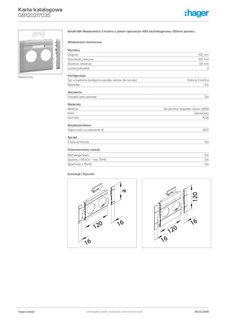 Zdjęcie Hager Karta katalogowa GB120217035 | Hager Polska