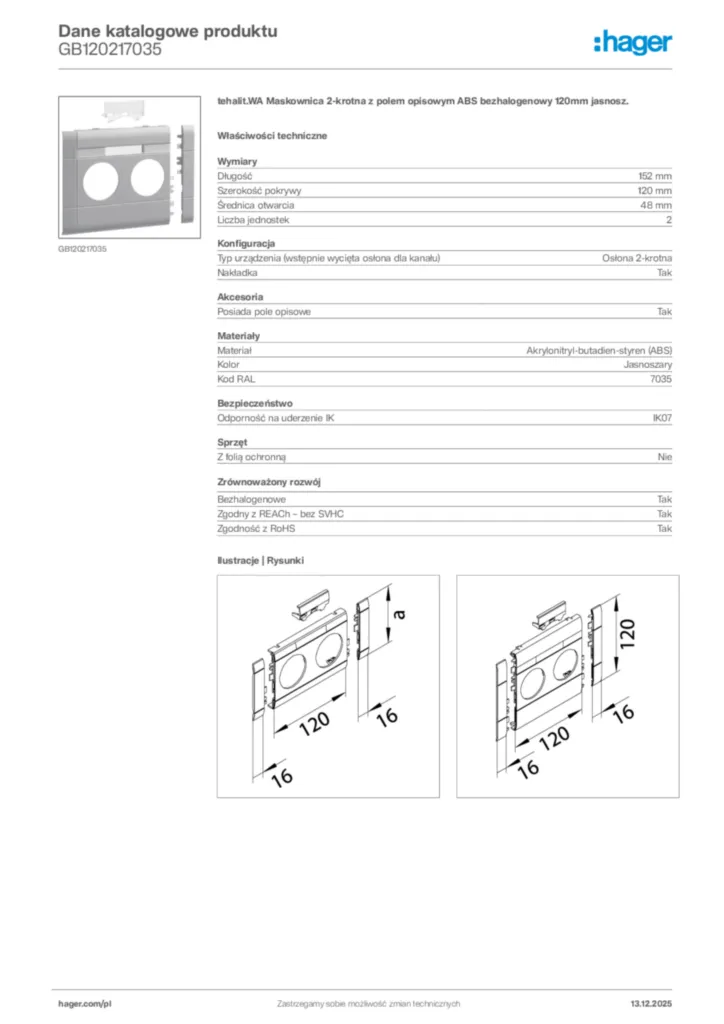Zdjęcie Hager Karta katalogowa GB120217035 | Hager Polska