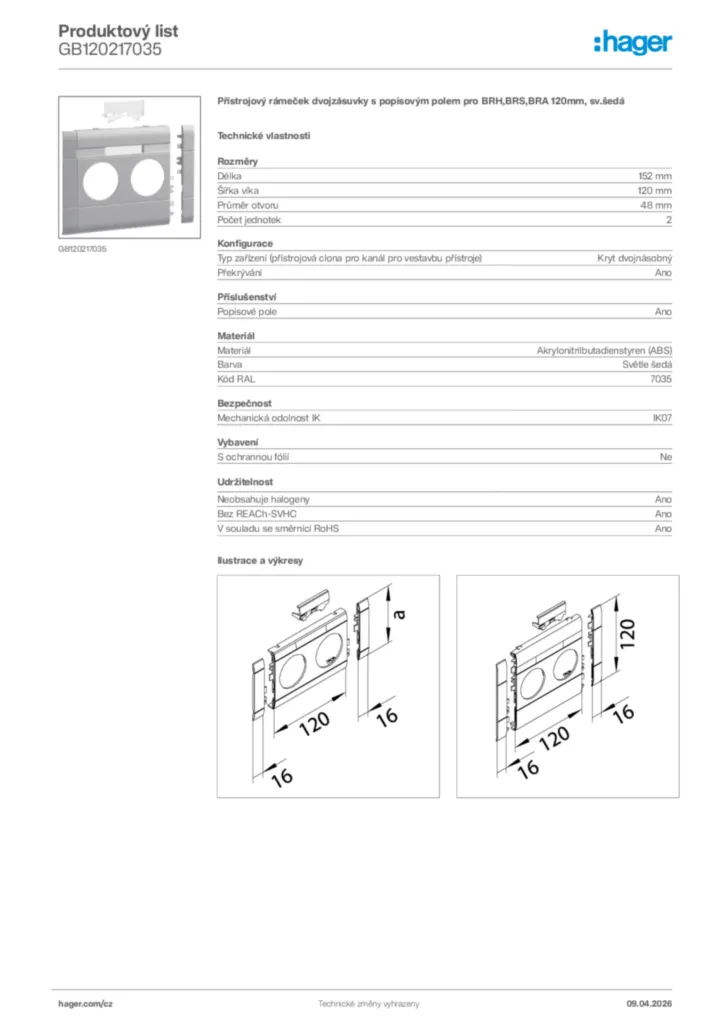 Obrázek Hager Product data sheet GB120217035 | Hager