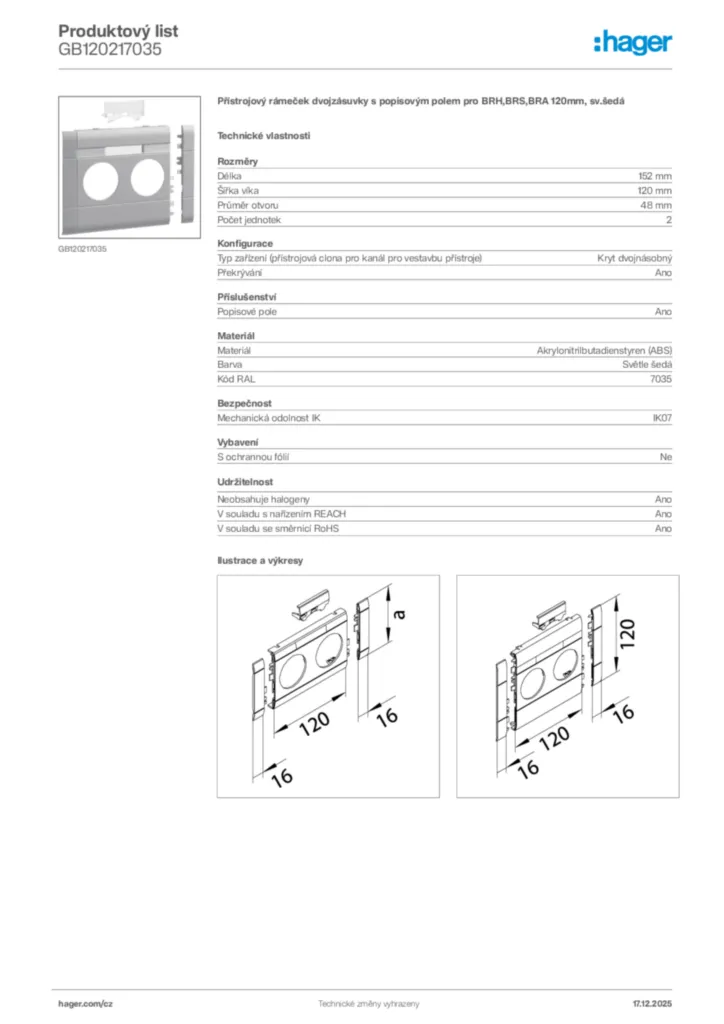 Obrázek Hager Produktový list GB120217035 | Hager