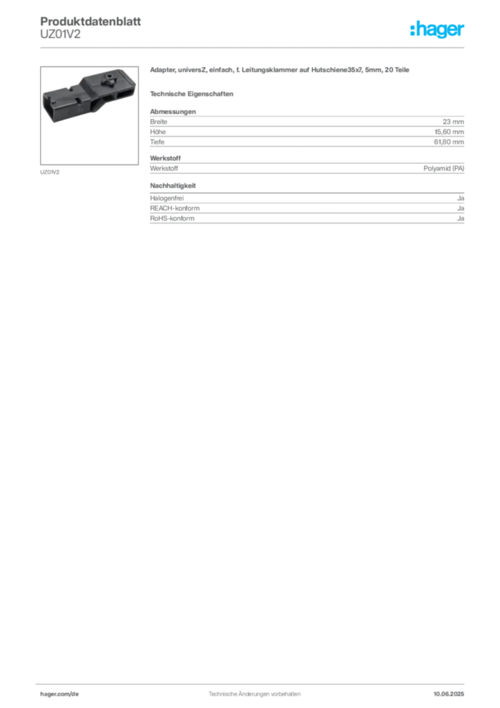 Bild Hager Produktdatenblatt UZ01V2 | Hager Deutschland
