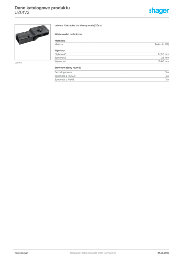 Zdjęcie Hager Karta katalogowa UZ01V2 | Hager Polska