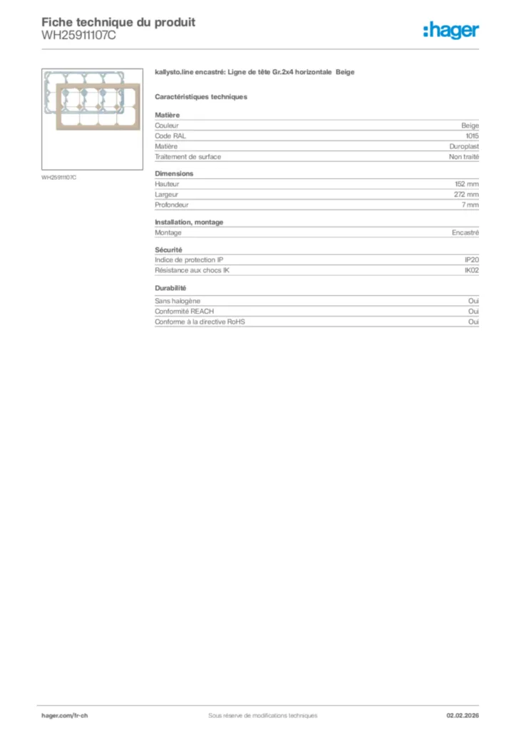 Image Hager Fiche technique du produit WH25911107C | Hager Suisse