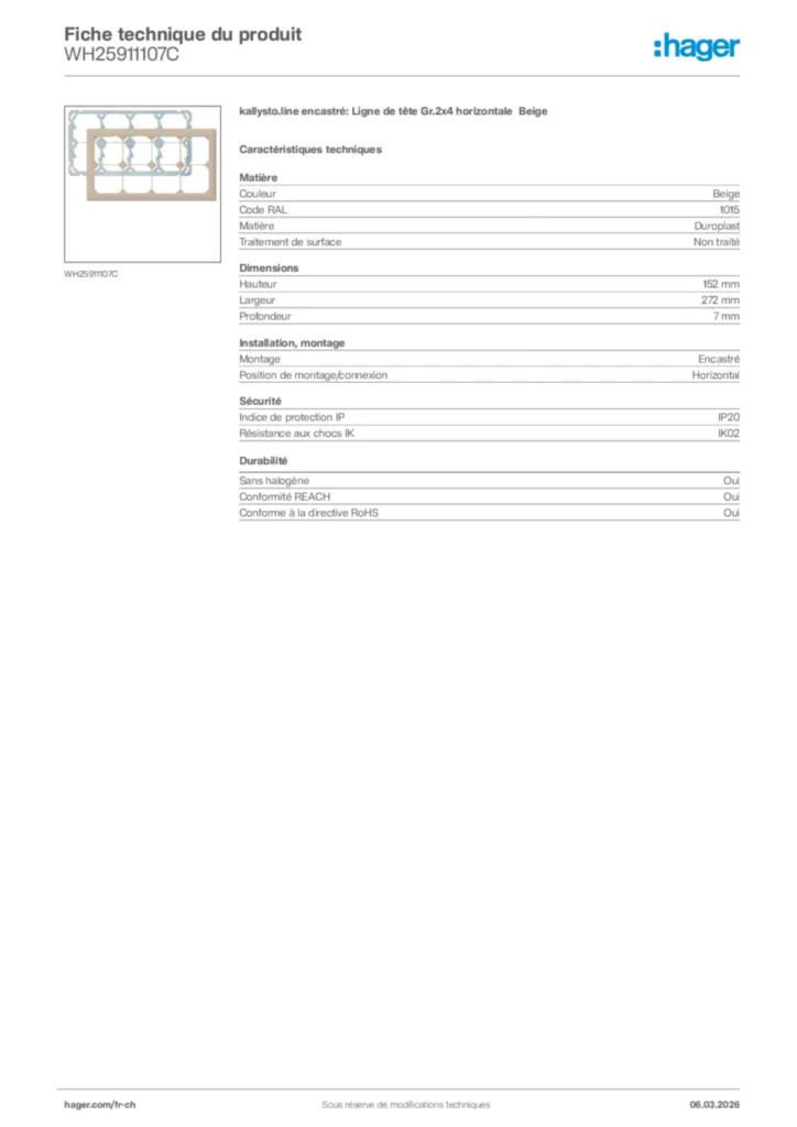 Image Hager Fiche technique du produit WH25911107C | Hager Suisse