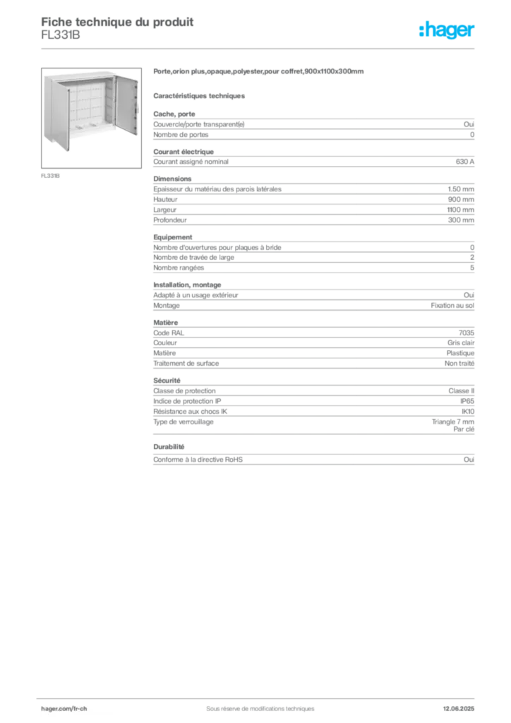 Image Hager Fiche technique du produit FL331B | Hager Suisse