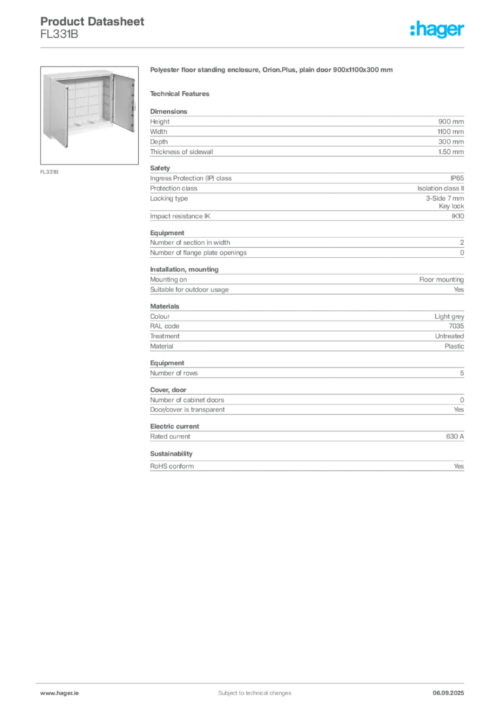 Image Hager Product data sheet FL331B  | Hager