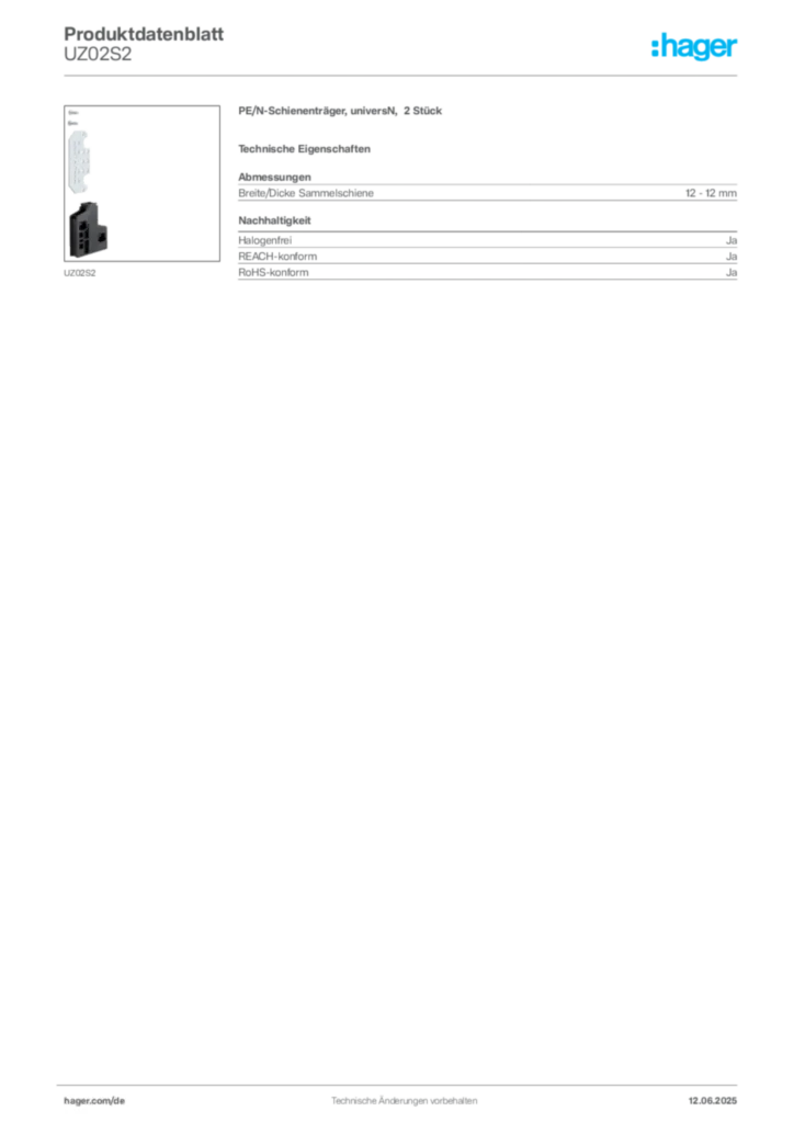 Hager Produktdatenblatt UZ02S2
