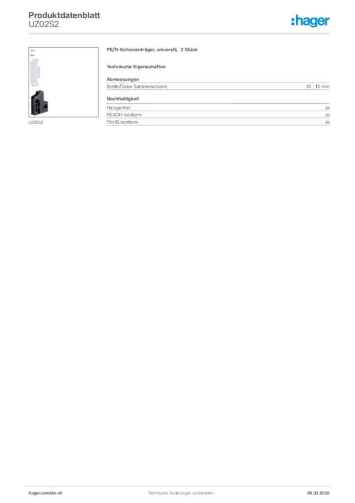 Bild Hager Produktdatenblatt UZ02S2 | Hager Schweiz