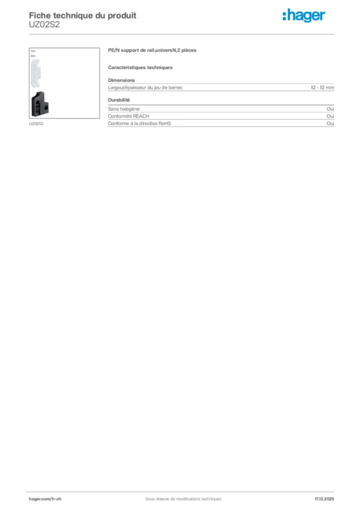 Image Hager Fiche technique du produit UZ02S2 | Hager Suisse