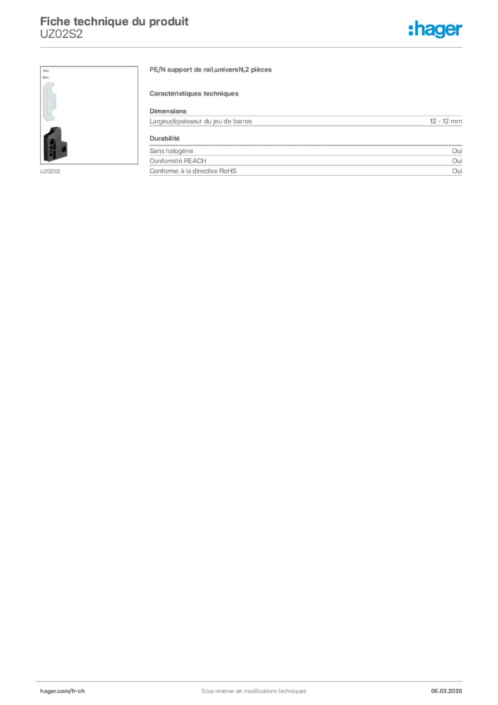 Image Hager Fiche technique du produit UZ02S2 | Hager Suisse
