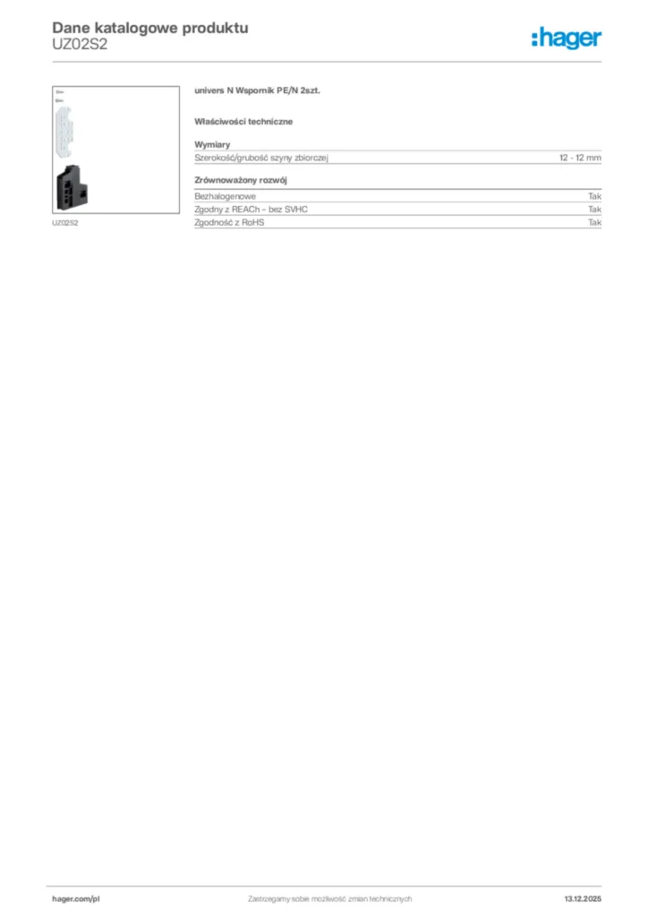 Zdjęcie Hager Karta katalogowa UZ02S2 | Hager Polska