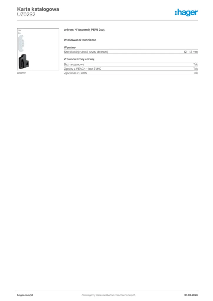 Zdjęcie Hager Karta katalogowa UZ02S2 | Hager Polska
