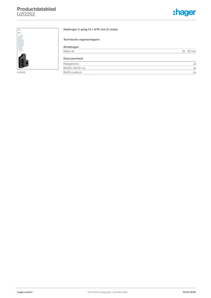 Afbeelding Hager Productdatablad UZ02S2 | Hager Nederland
