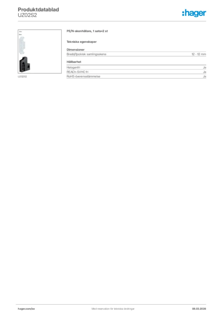 Bild Hager Produktdatablad UZ02S2 | Hager Sverige