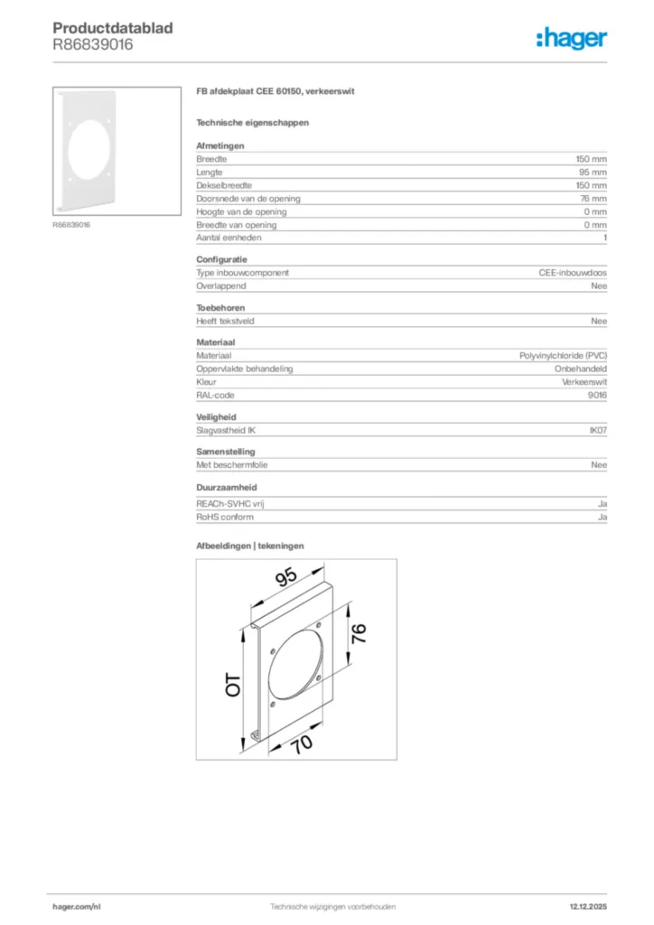 Afbeelding Hager Productdatablad R86839016 | Hager Nederland
