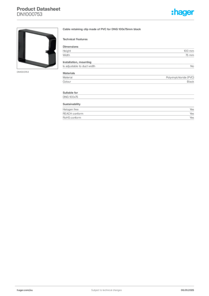 Image Hager Product data sheet DN1000753  | Hager Australia