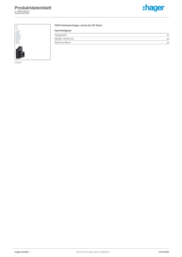 Hager Produktdatenblatt UZ02S1