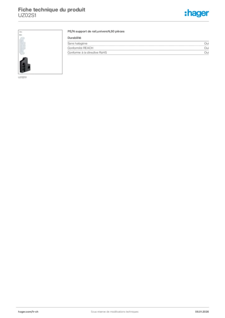 Image Hager Fiche technique du produit UZ02S1 | Hager Suisse
