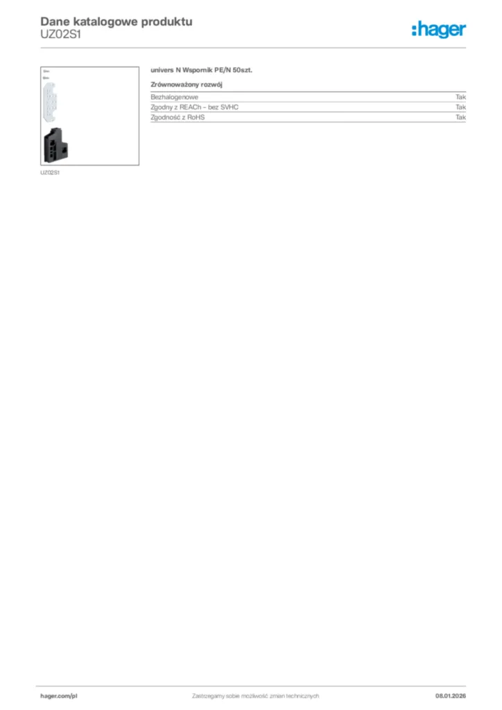 Zdjęcie Hager Karta katalogowa UZ02S1 | Hager Polska