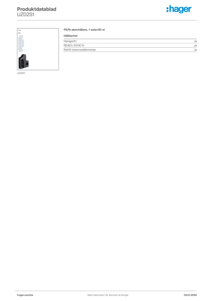 Bild Hager Produktdatablad UZ02S1 | Hager Sverige